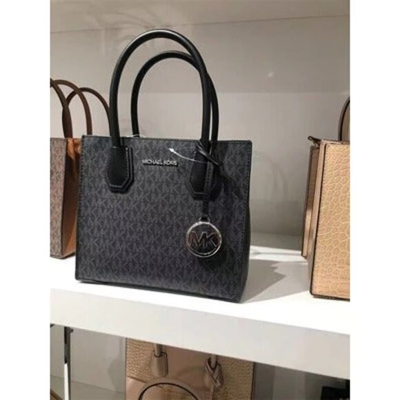 MICHAEL KORS 35T1SM9M MERCER MD SATCHEL MESSENGER MK SIGNATURE LEATHER BAG BLACK - Picture 6 of 8